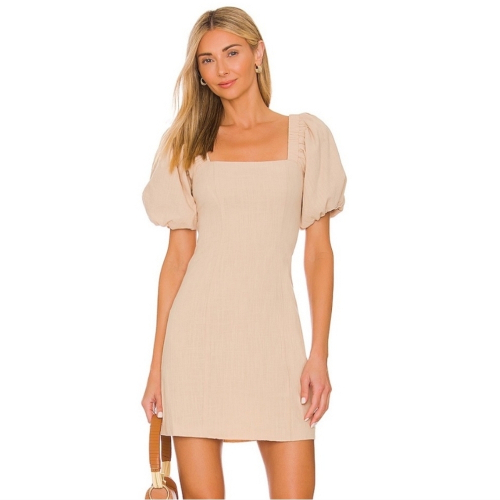 REVOLVE SNDYS Tuscany Cotton Mini Puff Sleeve Dress In Oat - Picture 1 of 9